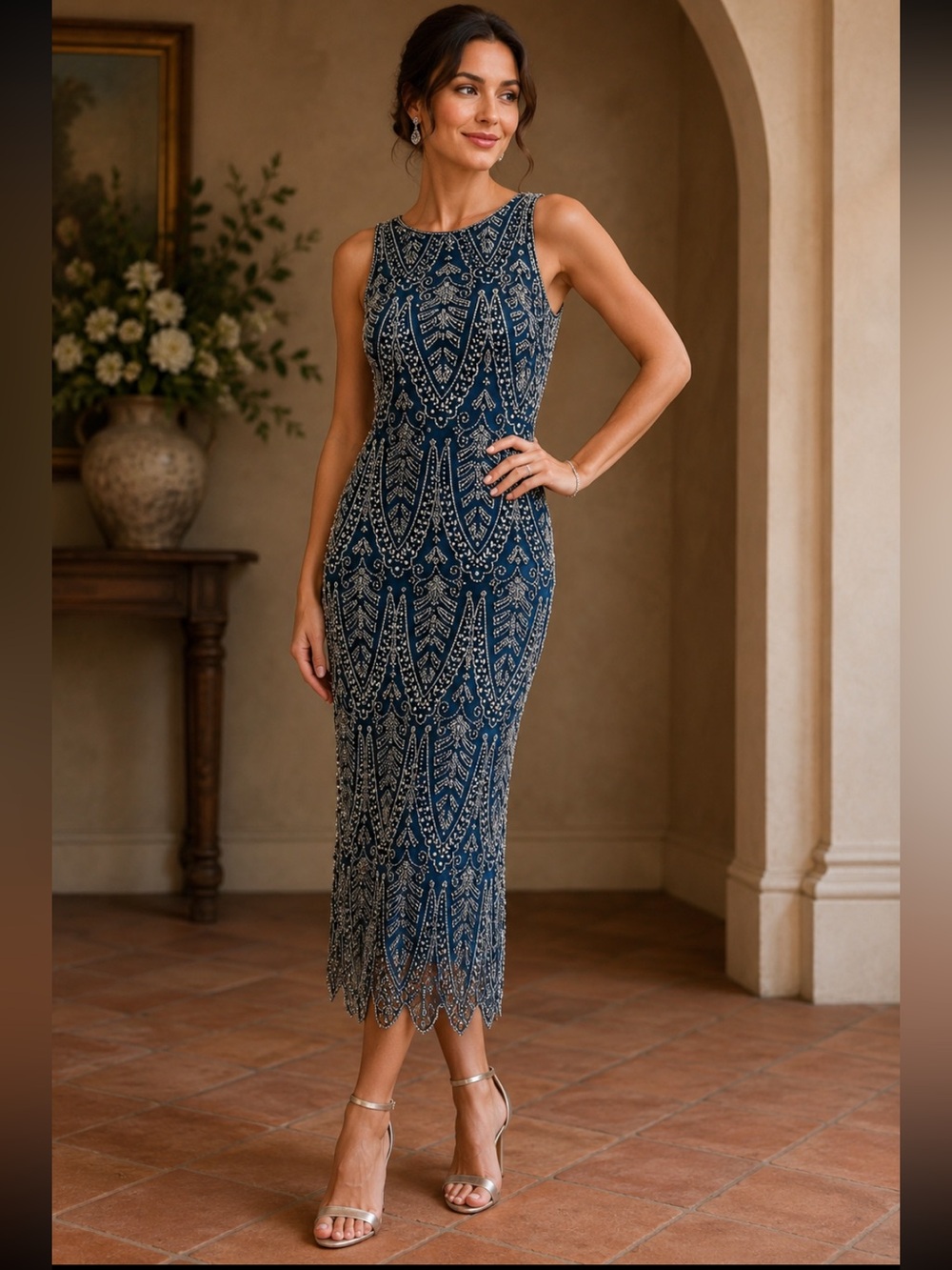 Pisaarro Nights fully beaded sleeveless round neck midi dressy dress